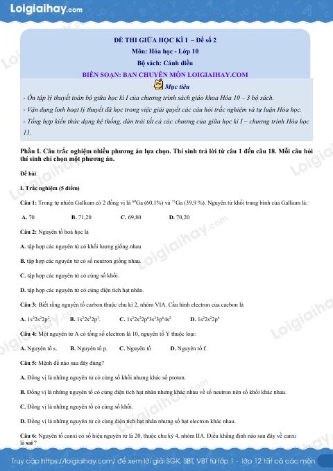 Đề thi giữa kì 1 Hóa 10 Cánh diều - Đề số 2